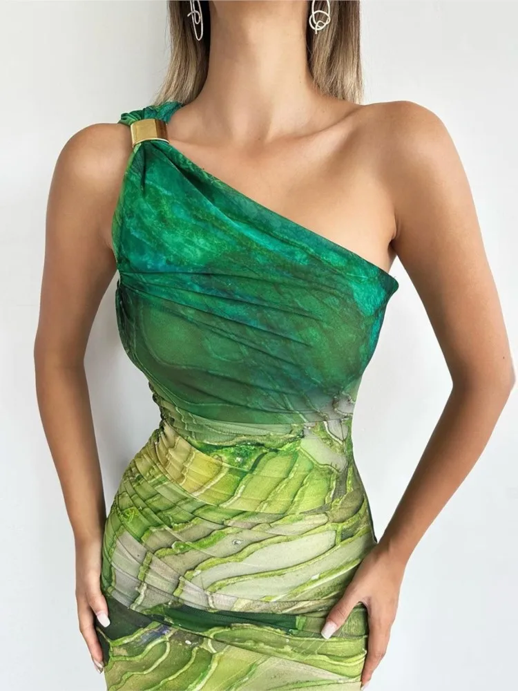 Dresses 2025 Woman Summer Elegant Vestidos Slanted Shoulder Printed Slim Mid-waist Long Dress Temperament Simple Style Vacation