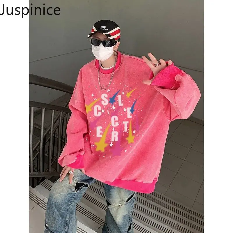 

Juspinice Pink Washed Vintage Hoodie Men's Autumn and Winter American Heavyweight Round Neck Hooded Jacket Male Clothing