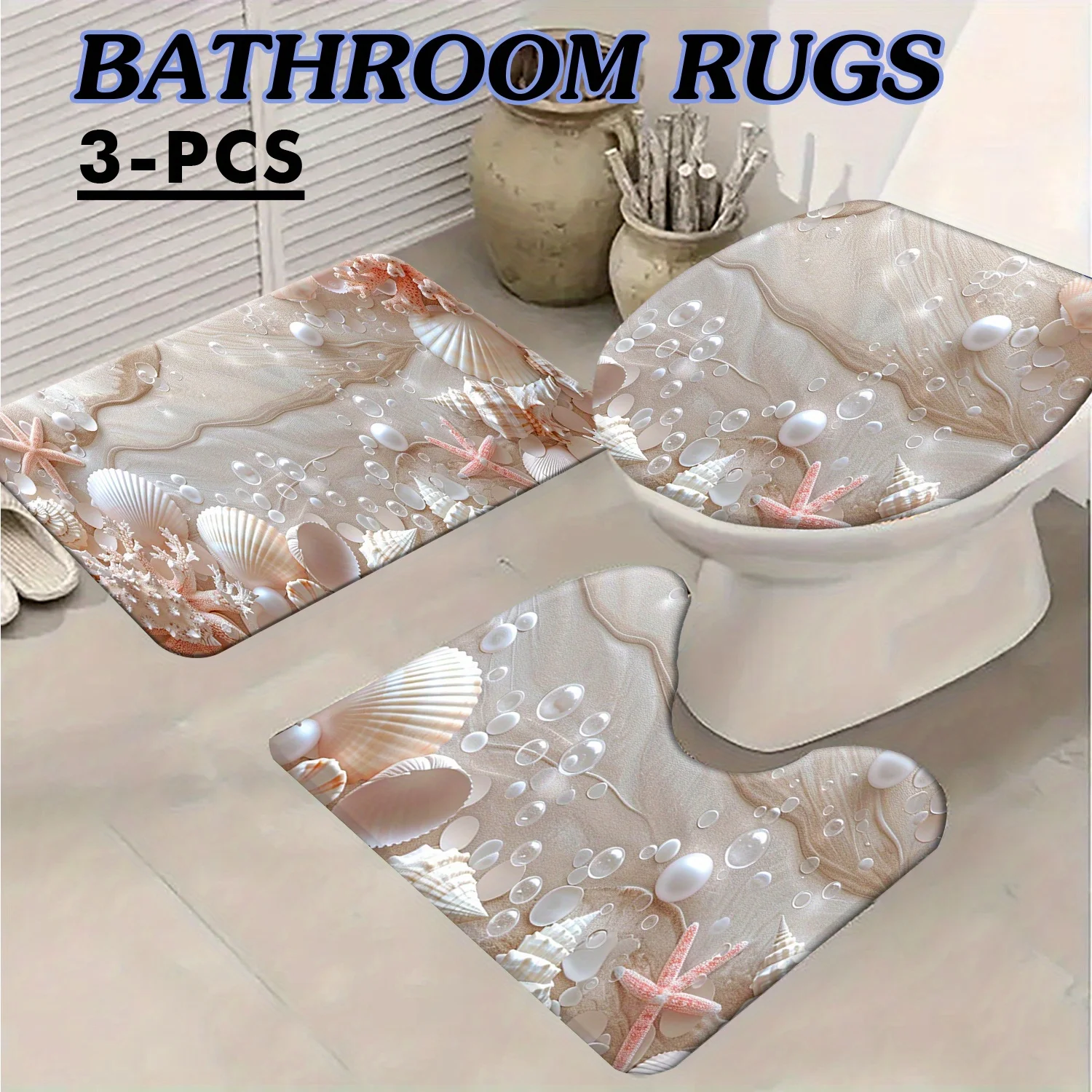 

3 Piece Coastal Vintage Absorbent Bathroom Mat Set - Non-Strong Quick Dry U-Channel and Toilet Seat Mat - For Bathroom