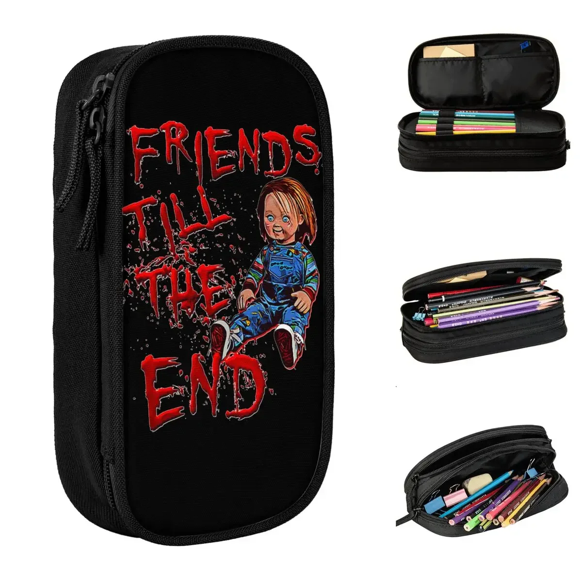 

Friends Till The End Pencil Cases Cute 80s Scary Good Guy Chucky Pen Box Bag Large Storage School Supplies Gifts Pencilcases