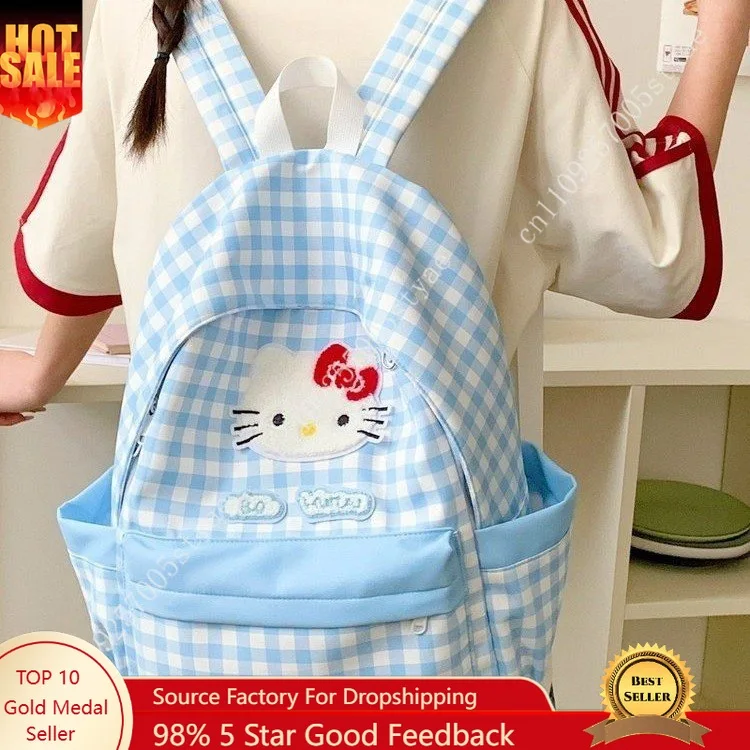 

Sanrio Fresh Blue Plaid Hello Kitty Backpack Female Students Large Capacity Cute Cartoon Schoolbag Instagram Style Campus Style