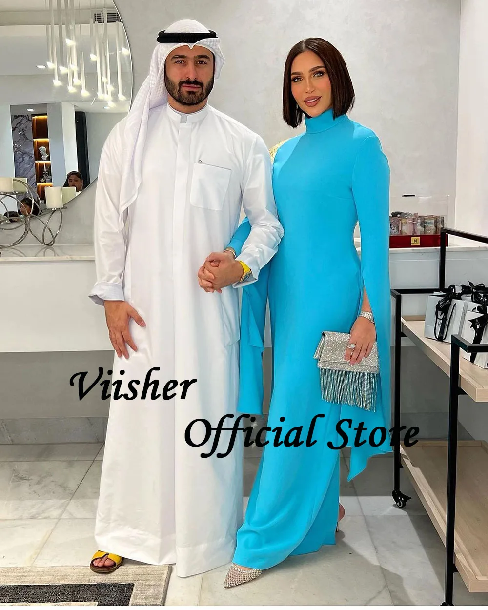 Viisher Blue Mermaid Evening Dresses Long Sleeve High Neck Dubai Prom Party Dress Floor Length Formal Prom Gowns