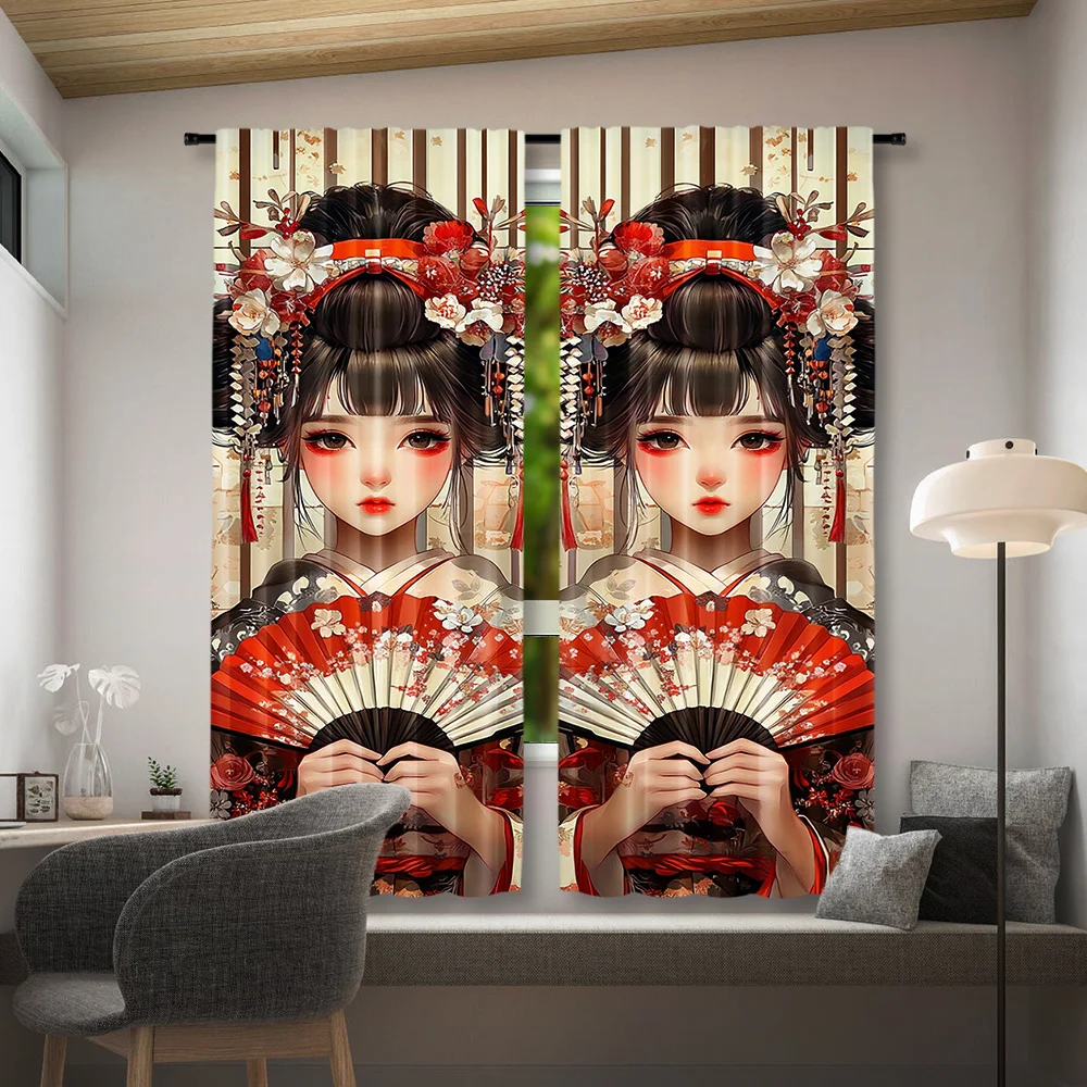 Chinese Style Girl Fan Art Curtains, Traditional Hanfu Print Blackout Drapes for Bedroom, Oriental Aesthetic Decor