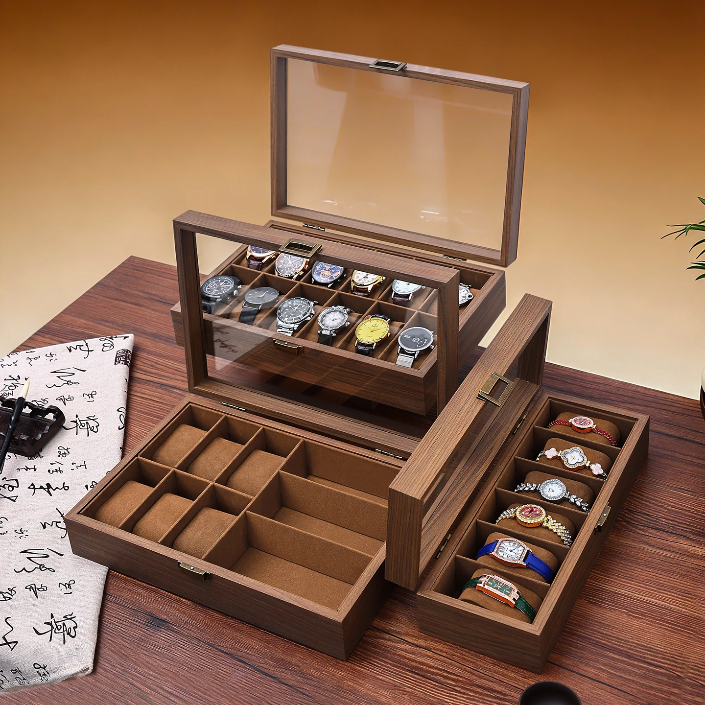 

1pc watch box with glass cover, wooden jewelry storage box with velvet lining, suitable for home and travel watch display box