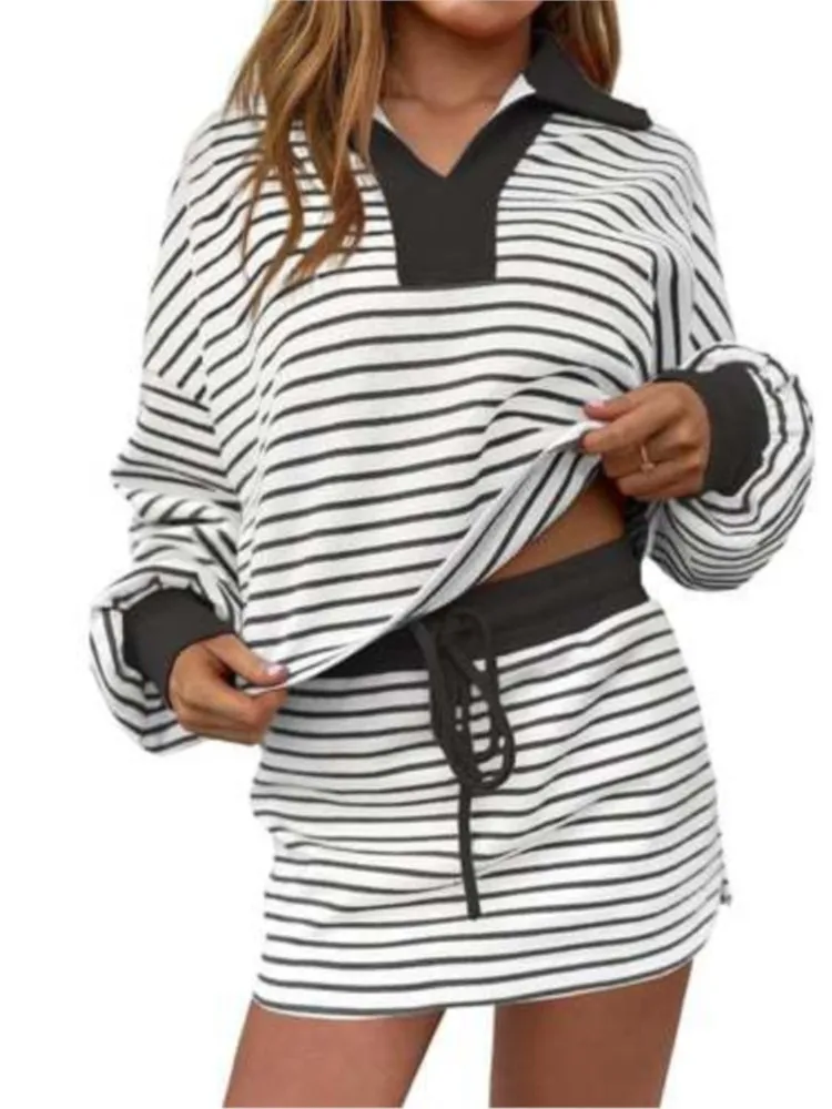 

Autumn New Casual Loose Elastic Waist Women's Mini Skirt Suit Fashion Striped V-Neck Long-sleeved Sweatshirt Skirt 2 Piece Set
