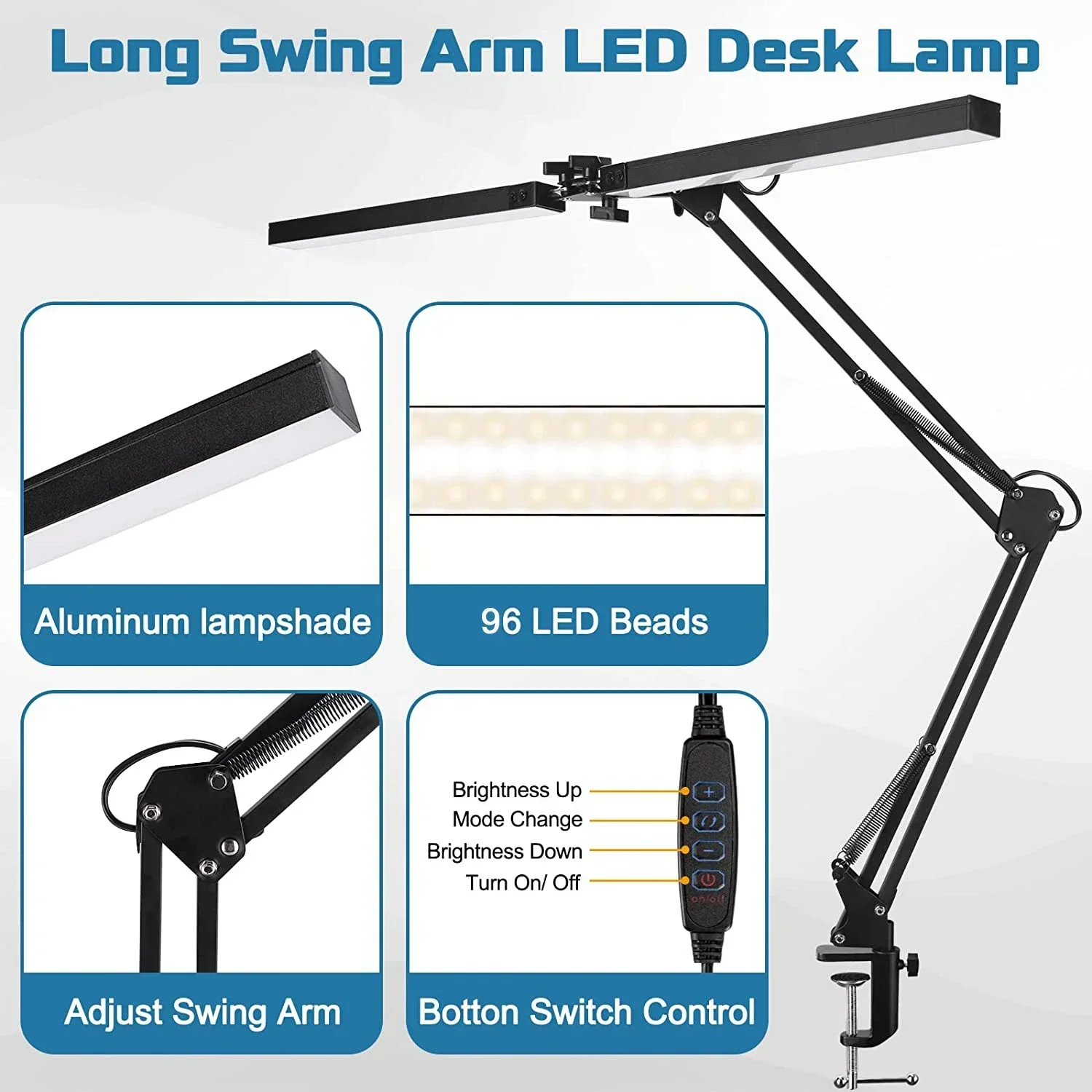 Lámpara LED plegable para escritorio, luz de lectura para el cuidado de los ojos con abrazadera, 24W, para interior, abrazadera de mesa, para oficina, estudio y trabajo