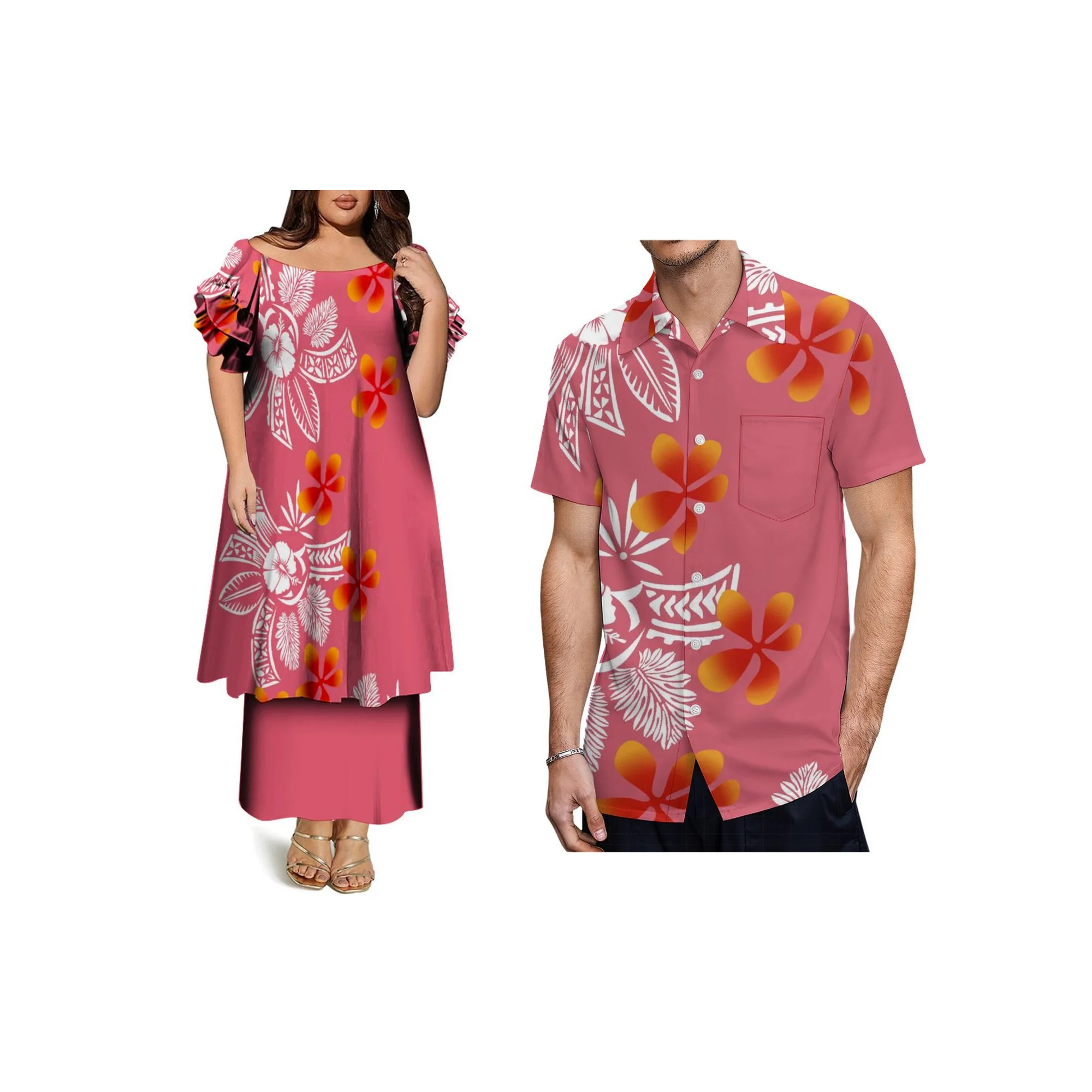 カスタムフリル半袖レディースドレス ポリネシア・サモア風プネタシドレス 2ピース パシフィックアイランドデザイン オフショルダードレス