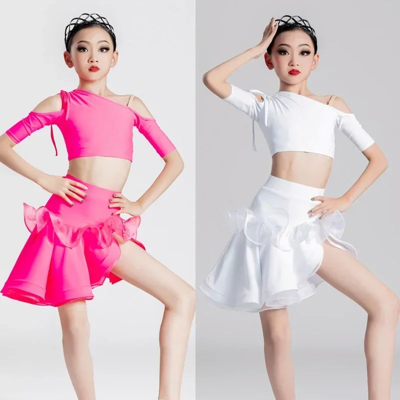 

Girls Latin Top Skirt Children'S Ballroom Latin Dance Competition Costume Practice Wear Pink White Latin Dance Clothes