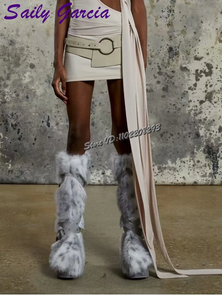 

Sexy Lace-up Faux Fur Snow Boots Round Toe Rivet Buckle Strap Knee-high Boots 2025 Winter Women New High-Top Warm Plush Shoes