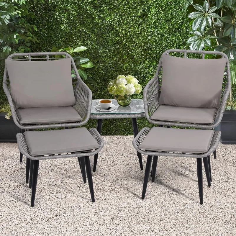 Outdoor Wicker Chairs and Table Bistro Conversation Furniture Set, 5 Pieces with Ottoman for Porch, Balcony, Patio, Backyard