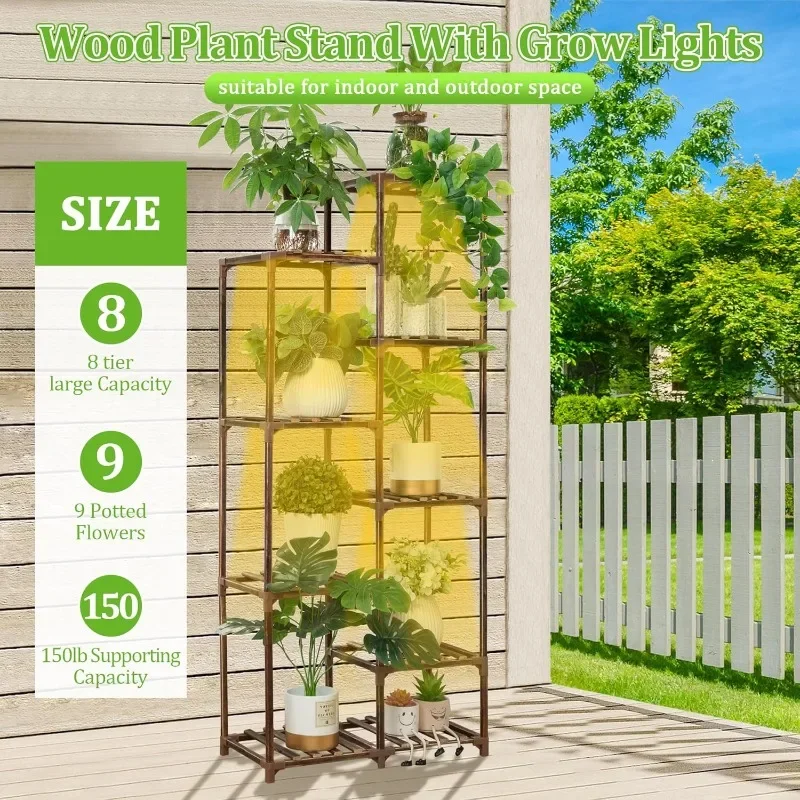 With Growth Light, 8-storey Indoor Wood Plant Stand, Corner Full Spectrum Growth Light, Multi-storey High Lighting Plant Stand