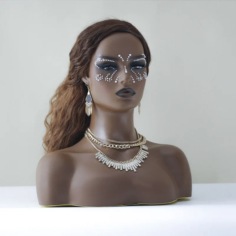 Black Skin Mannequin Head with Shoulders, Half Body Realistic Female Manikin Head for Makeup, Wig and Jewelry Display