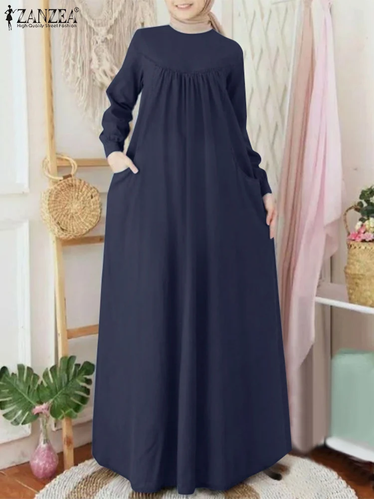 ZANZEA Fashion Muslim Abaya Dress Spring Long Sleeve Islamic Robe Solid Pleated Long Dress Women Autumn Sundress Dubai Vestidos