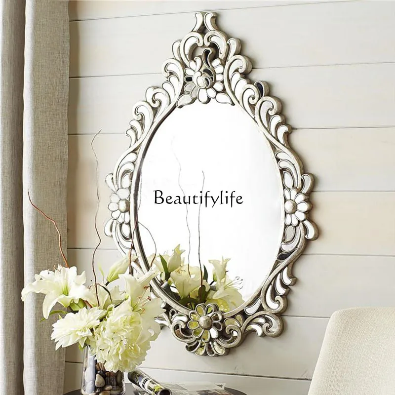 

Decorative beauty salon bathroom mirror wall hanging light luxury carved bathroom vanity mirror
