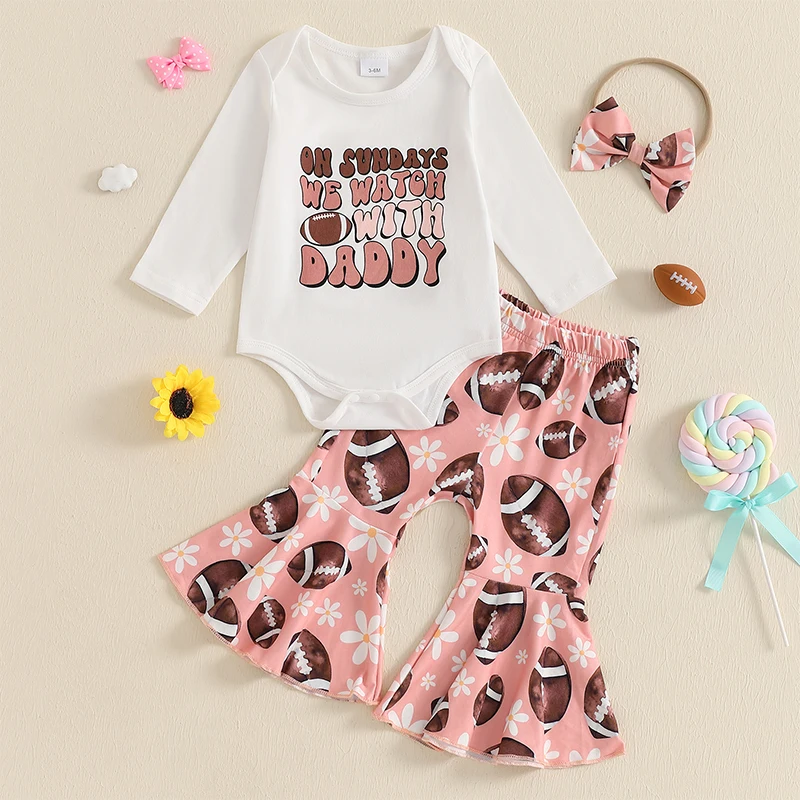 

2024-09-24 Lioraitiin 0-18M Baby Girls Spring Set Football Letter Print Long Sleeve Romper Flare Pants Bow Hair Band Outfits
