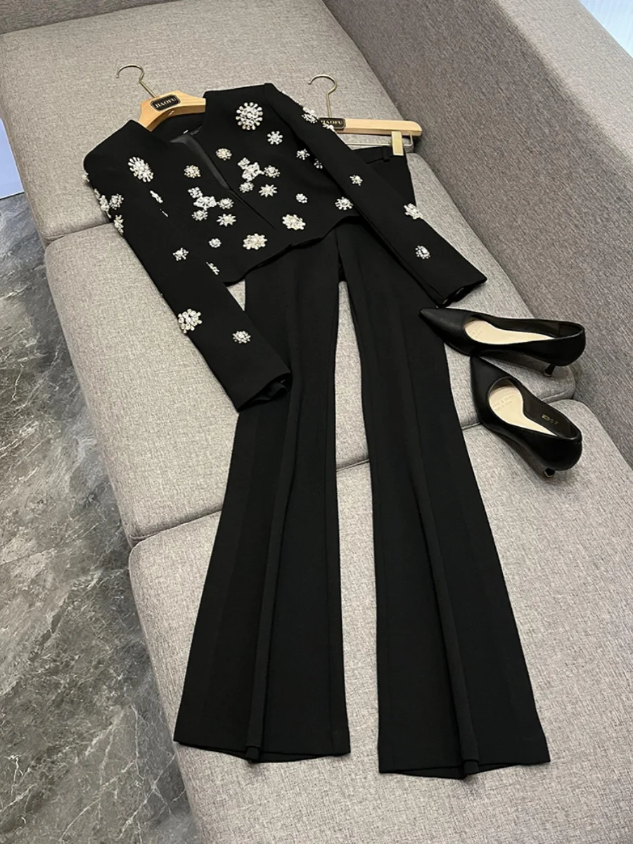 

Новый круглый Ne ort Heavy Embellied Jaet, пальто и расклешенные брюки, женский комплект из двух предметов A83, модная осенняя одежда