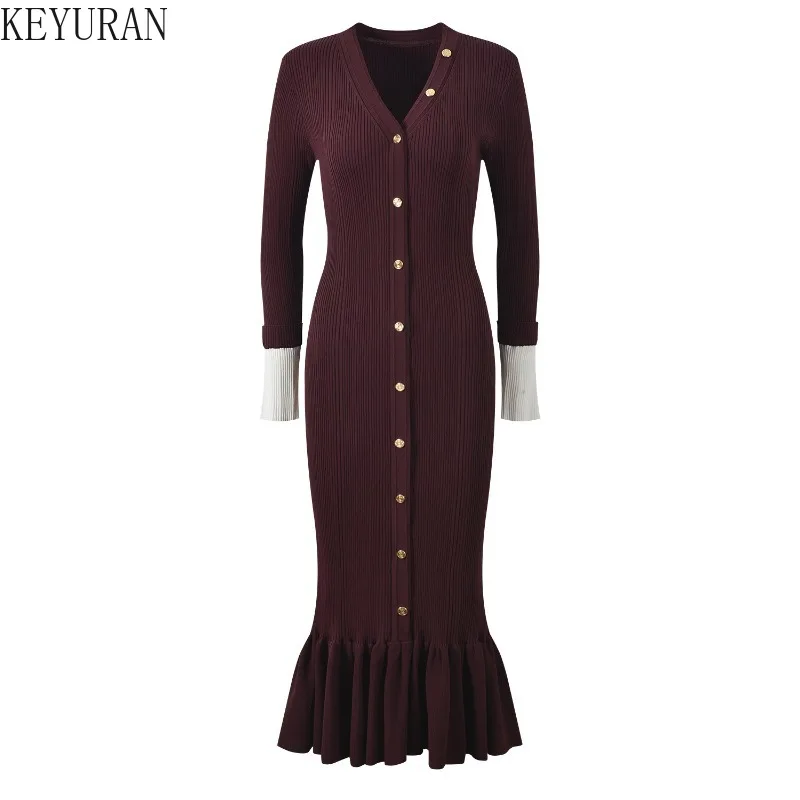 Autumn Korean Knitted Maxi Dress Women V Neck Long Sleelve Single Breasted Bodycon Dresses Office Lady Elegant Party Vestidos
