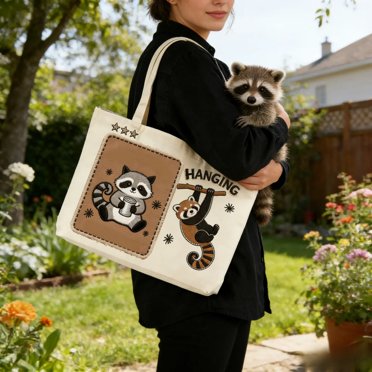 

1PC Unisex Large Capacity Canvas Shoulder Bag White 2D Flat Pattern Portable Commuter Student Bag Small Bear Design