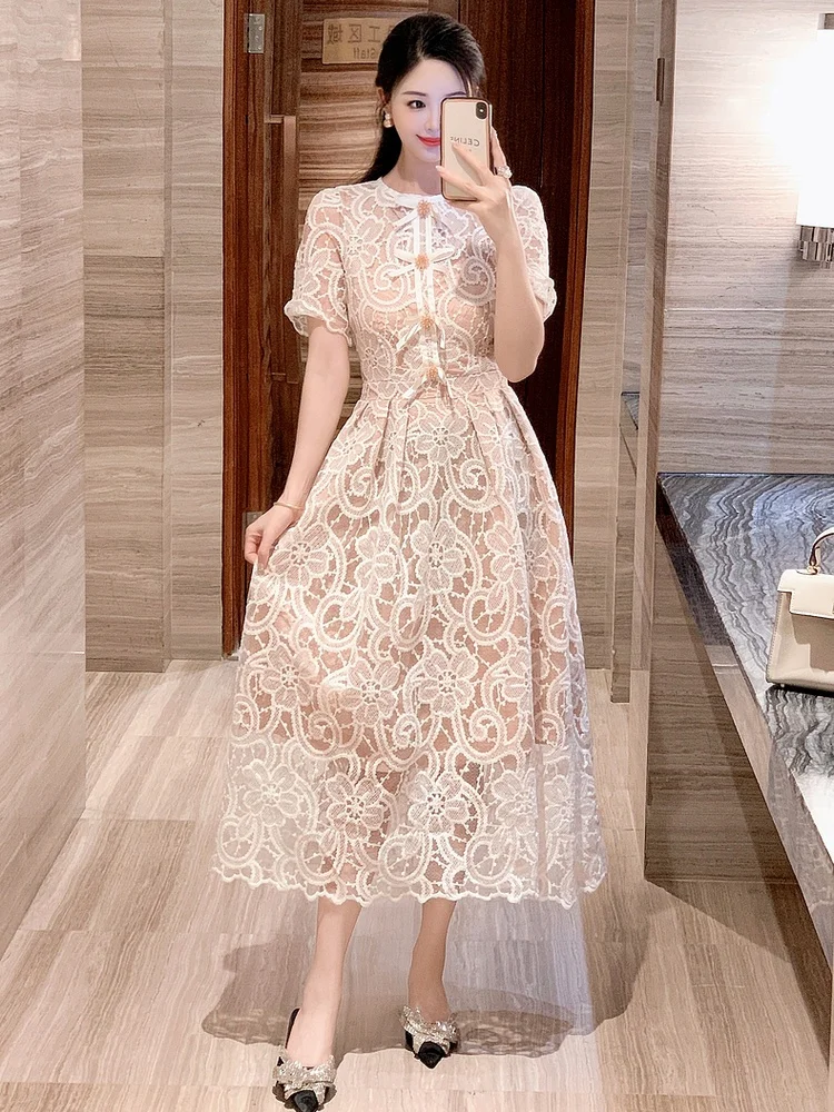 SMTHMA French High-End Super Beautiful Lace Long Dress Women\'s 2024 New Summer Light Luxury Vintage Elegant Runway Dresses