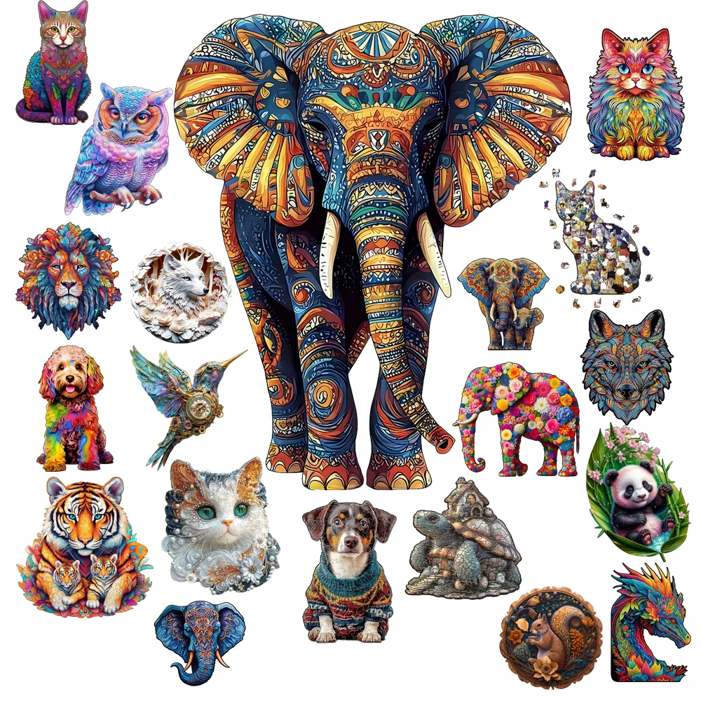 High Quality Wooden Animal Puzzle Elephant Bird Tiger Wood Jigsaw  Intelligent Brain Twister Toys for Kids Adults Holiday Gifts