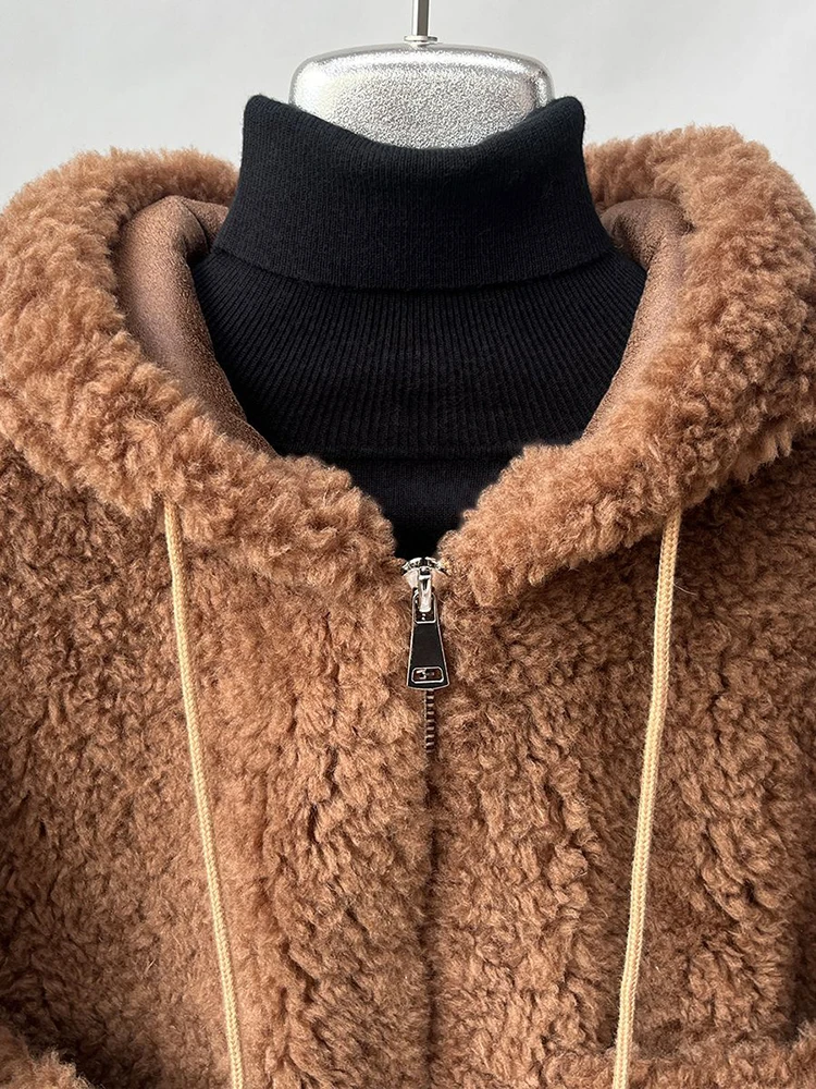 فو لامب لطيف معطف دافئ المرأة Vintage جيوب طويلة الأكمام الحلو سترة الشتاء الإناث الرجعية القهوة مقنعين أبلى القمم