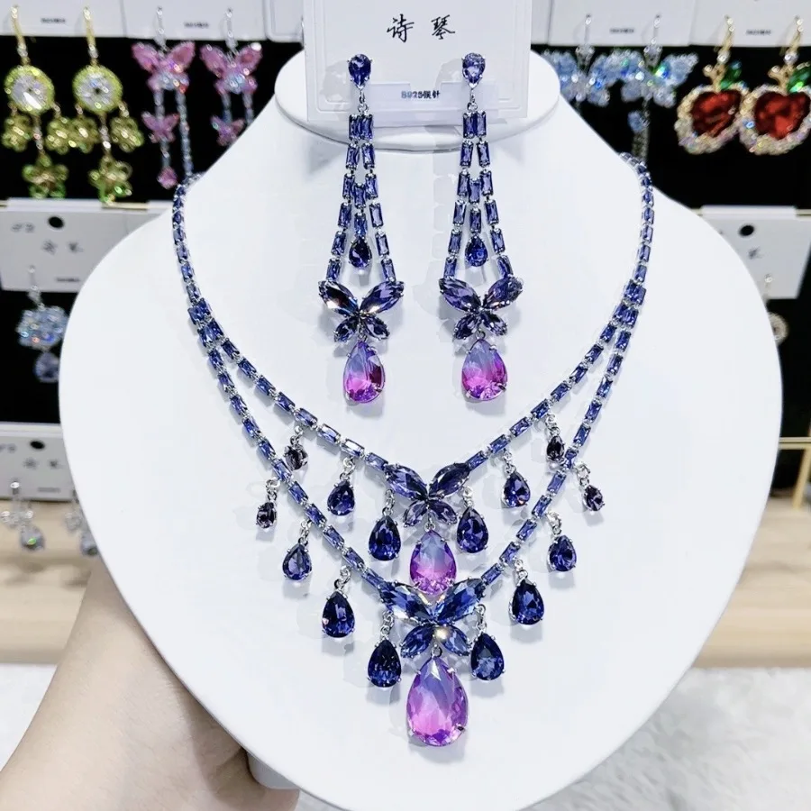 

Elegant Purple 2 Layers Jewelry Set CZ Cubic Zirconia Necklace Earrings Sets S925 Silver Post Luxury Bridal Jewelry Accessory