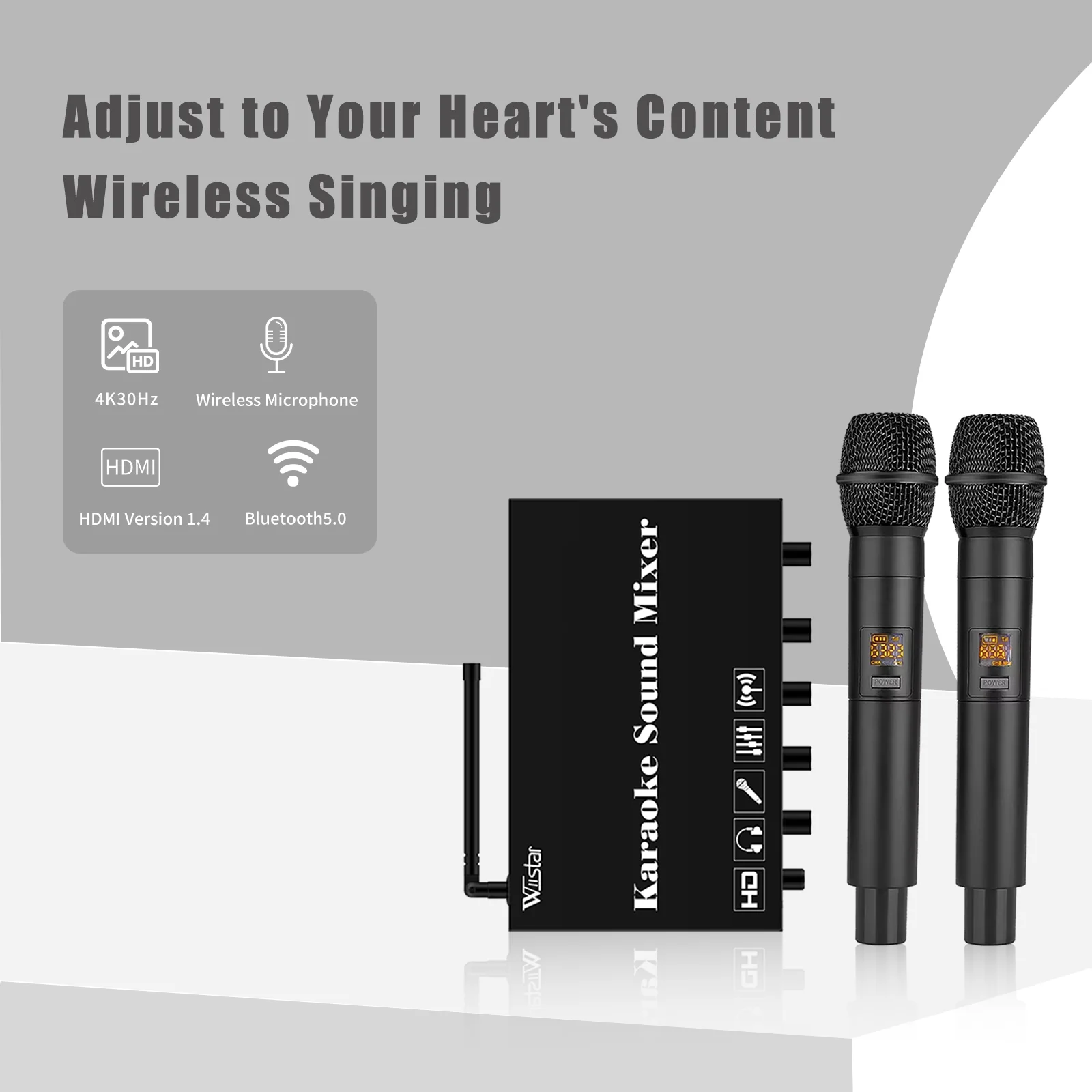 

HDMI Karaoke Sound Mixer with Wireless Microphone Karaoke Mixer System with HDMI, Optical (Toslink), AUX, Supports BluetoothV5.0