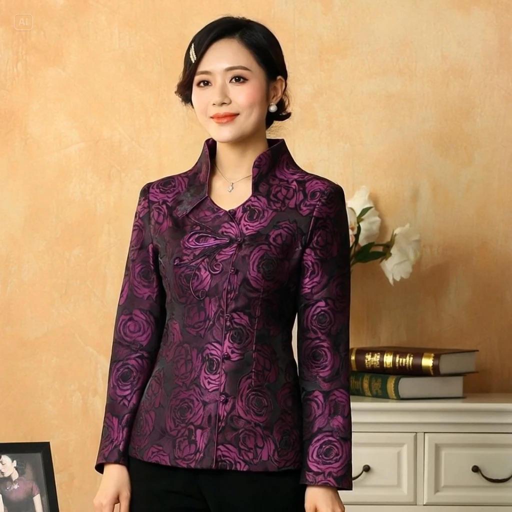 

Women Elegant Slim Fit Coat Red Green Purple Rose Jacquard Outfit Refinement Qipao Style Outfit Tea Break Look Wear 2024 Spring