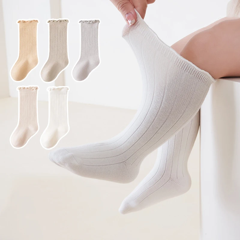 Crew Baby Girls Socks Wavy Ruffle Cuff Newborn Long Socks Solid Color Soft Cotton Long Toddler Socks for Girls High Knee Socks
