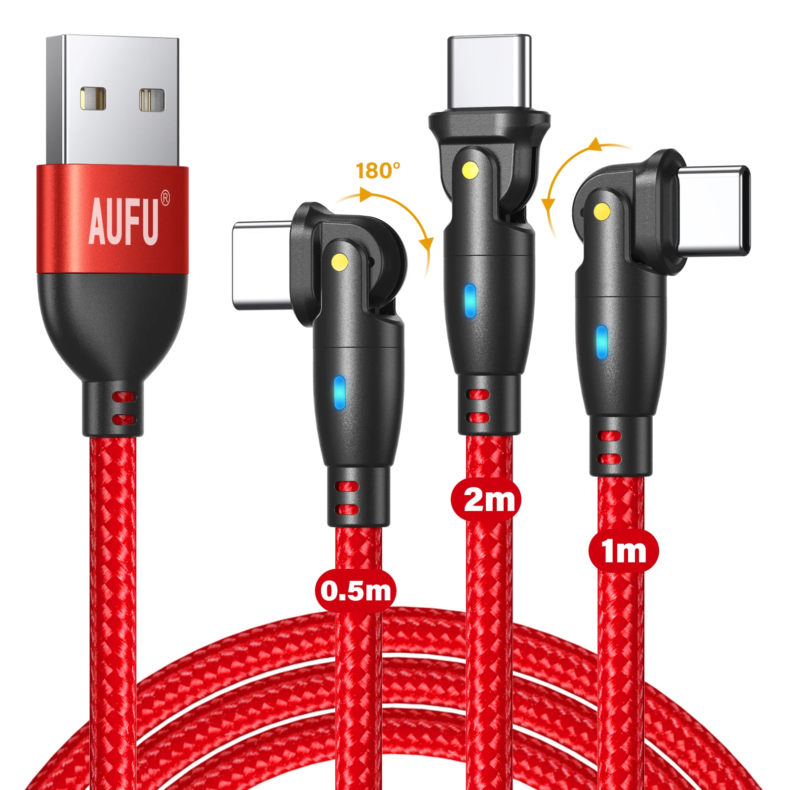 

AUFU 3Pack 180 Rotate USB Type C Cable For Xiaomi Poco Realme Samsung 3A Fast Charge TypeC Wire USB Charger Data Cord 2M 1M 0.5M