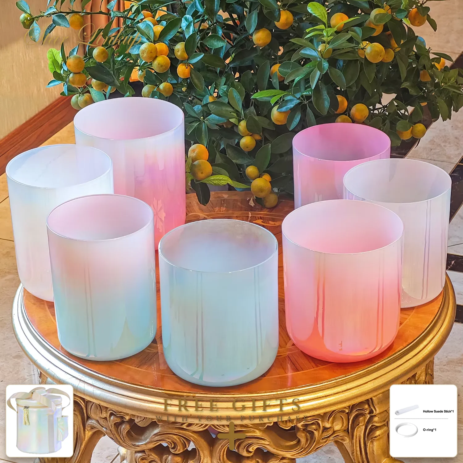 Seven Chakra Alchemy Crystal Bowl Set Candy Peach Color Harmonious Tibetan Singing Bowls Made of 7 Metals for Healing And Medita