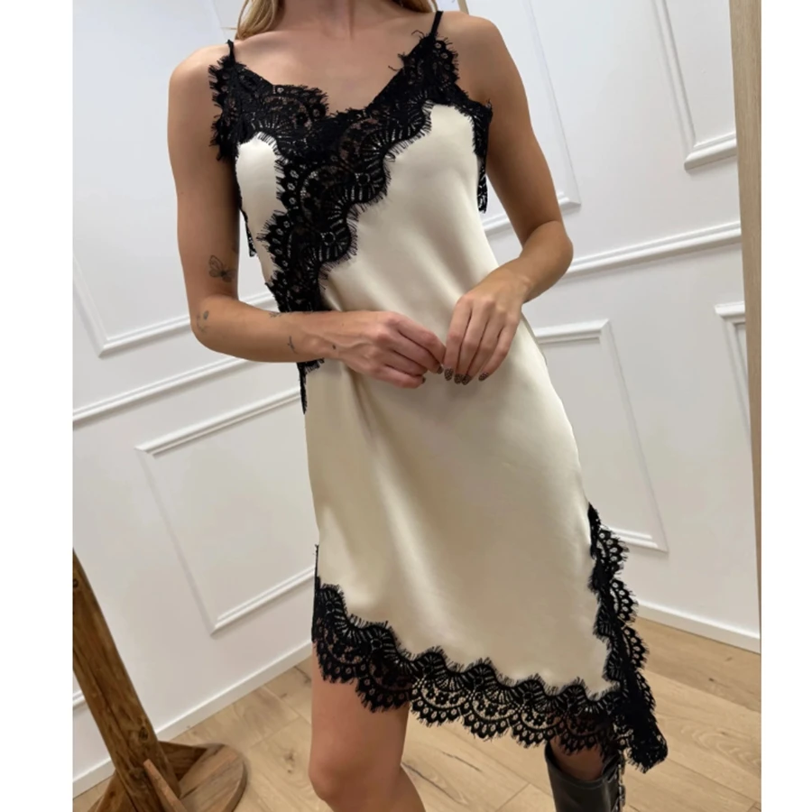 Sleeveless Spaghetti Strap V Neck Lace Patchwork Satin Dress Summer Party Dress Women's Asymmerital Midi Cami Dress