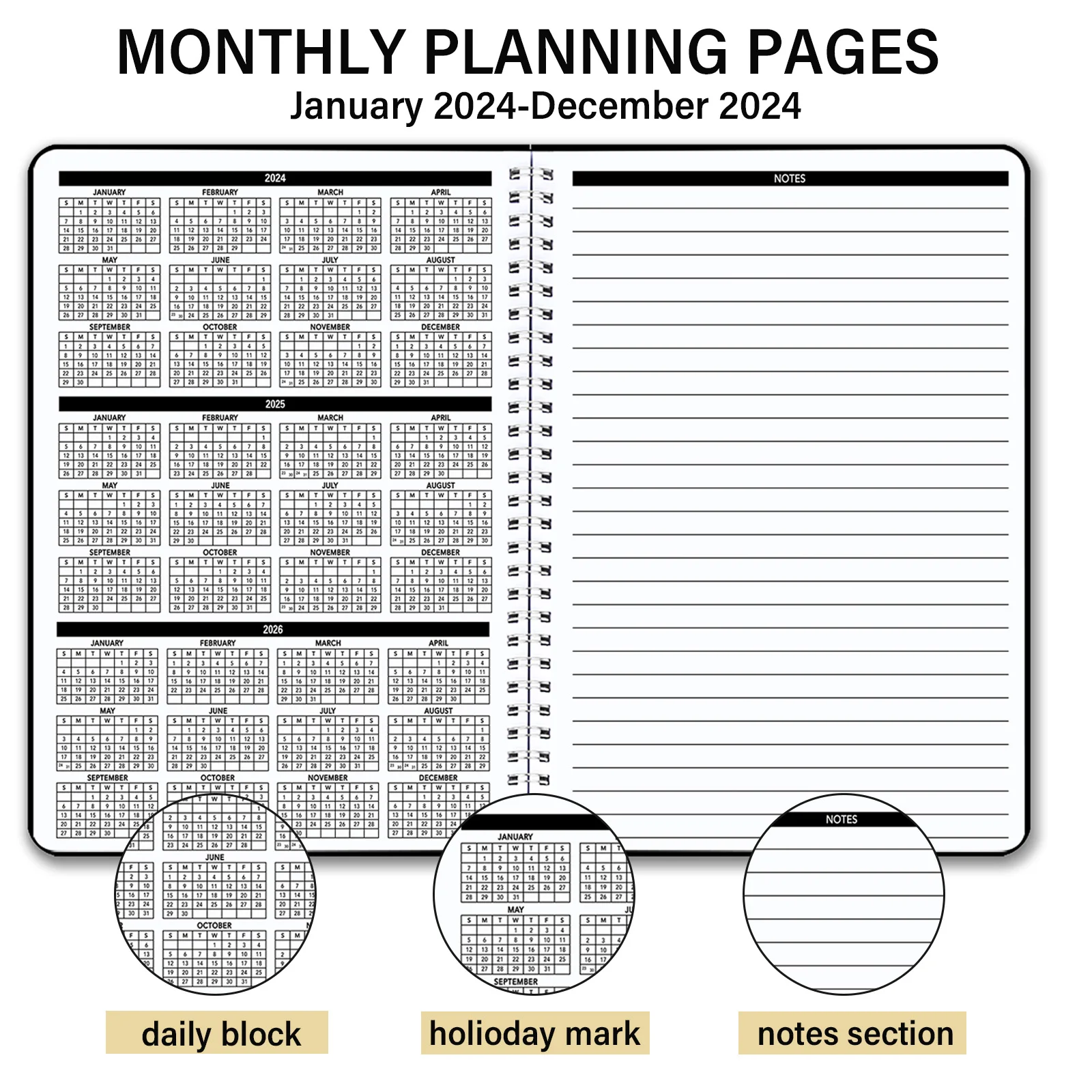 30sheets 2024-2026 Monthly Planner PVC Cover Two Years Calendar Notebook Daily Schedule For Home Office School