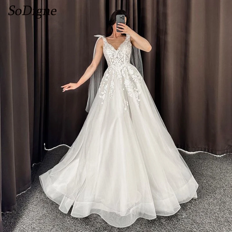 Vestidos de casamento SoDigne-A-Line Tulle Appliques, vestido de noiva sem mangas, vestido longo Boho, 2020