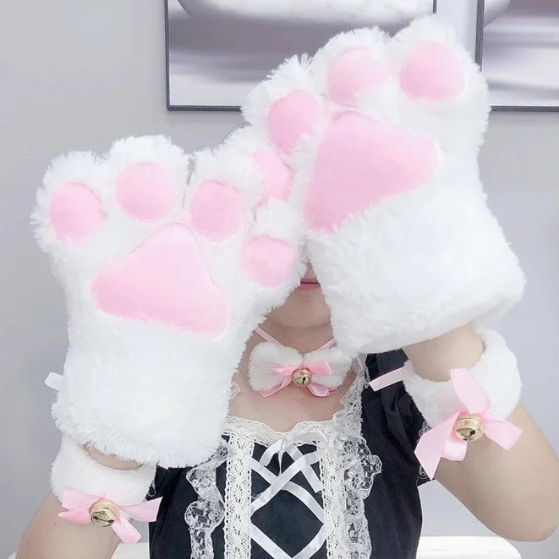 Cartoon Cute Cat Claw Paw Gloves Women Plush Mittens Warm Soft Plush Big Fingerless Fluffy Bear Cat Gloves Costume Half Finger