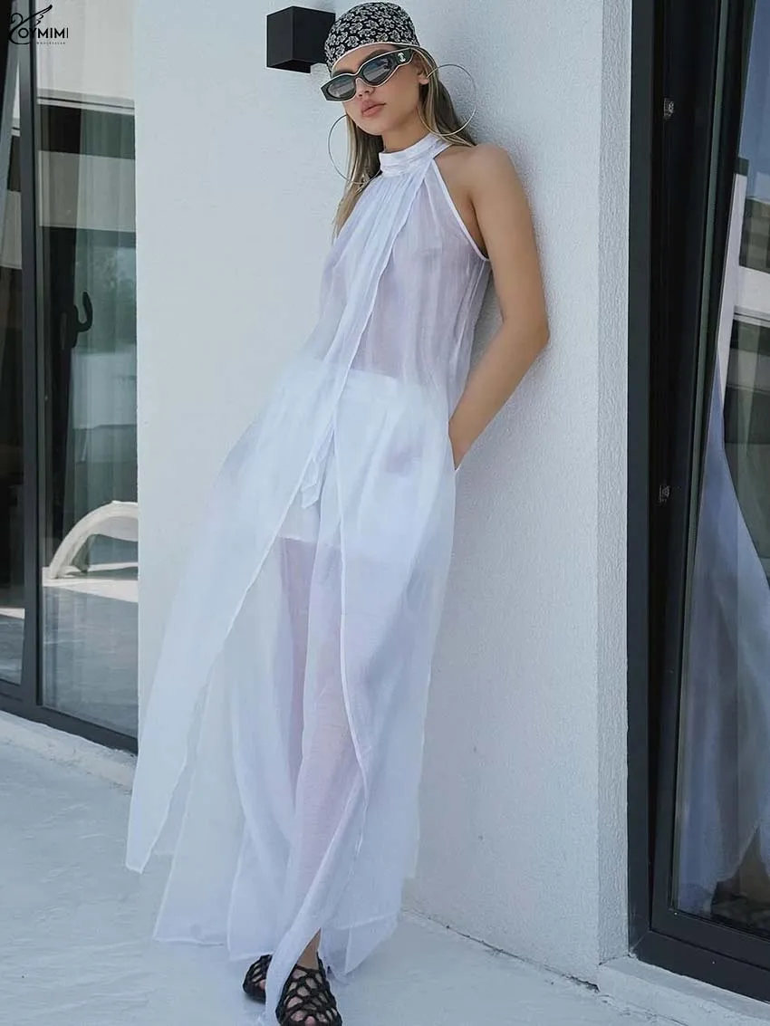 

Oymimi Fashion White Translucent Women' S Clothes 2 Piece Sets Elegant O-Neck Sleeveless Long Tops And Drawstring Pants Sets