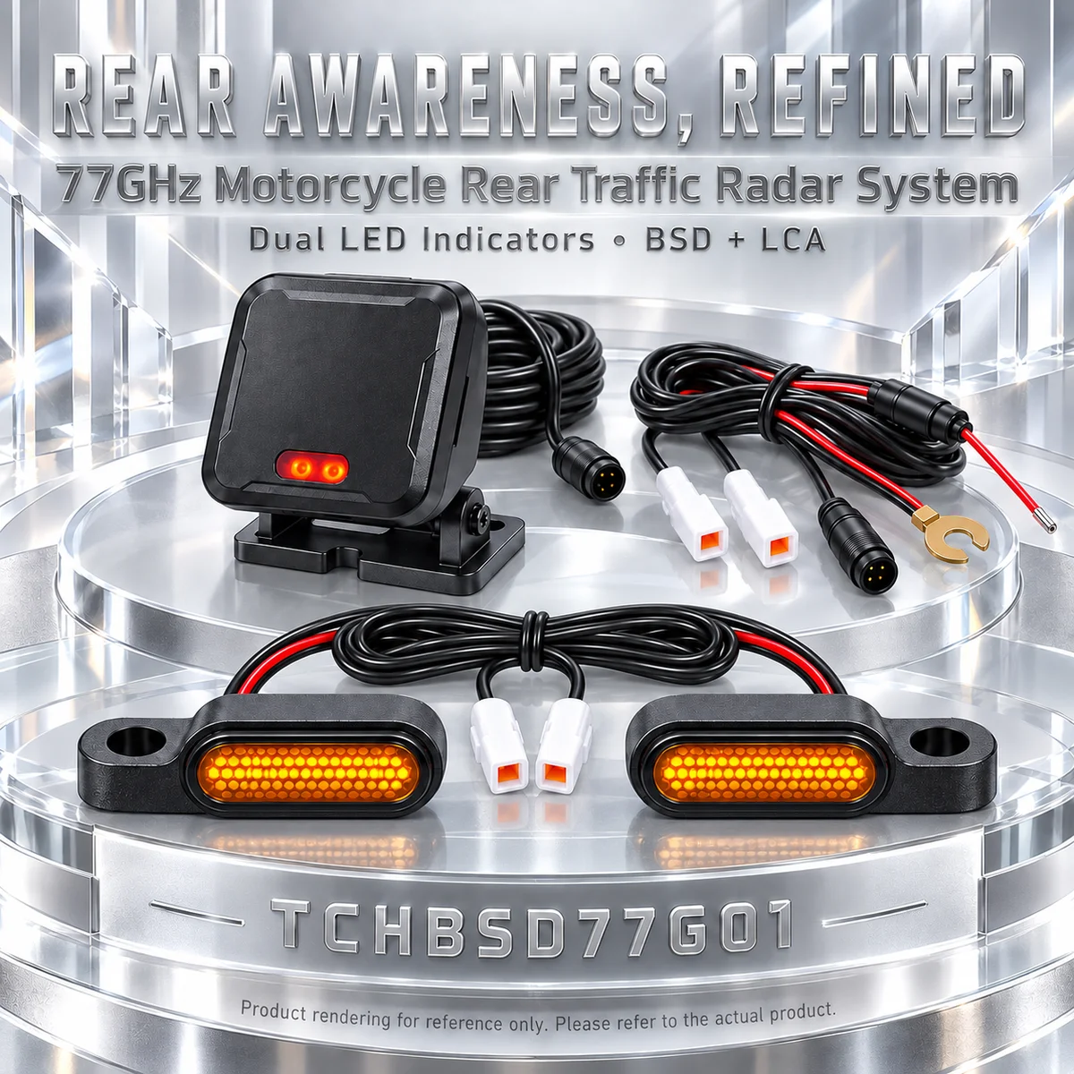 77GHz Motorcycle Rear Traffic Radar System with Dual LED Blind Spot Warning, BSD 8.4m LCA 50m Up to 70m