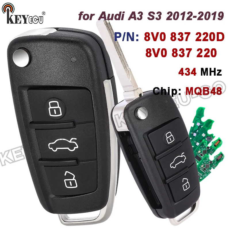 KEYECU 434 ميجا هرتز P/N: 8V0 837 220 D/ 8V0837220 لأودي A3 S3 2012 2013 2014 2015 2016-2019 مفتاح السيارة عن بعد فوب