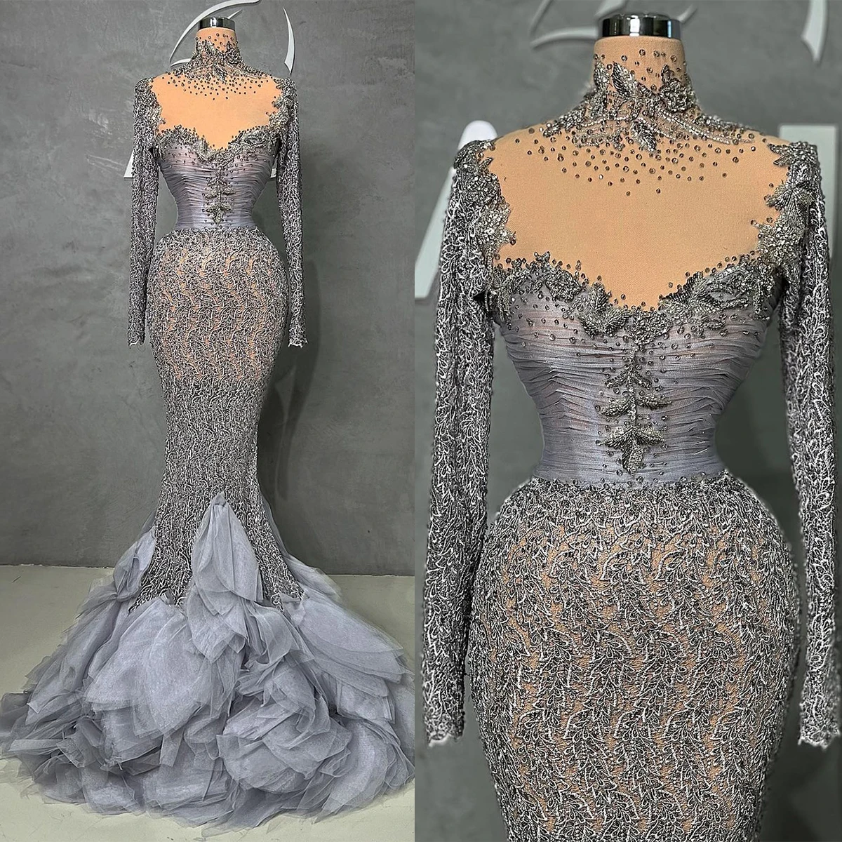 Robe de Soirée Sirène à Manches sulfet Col Haut, Tenue de Bal de Dubaï, Perles et Paillettes, sur Mesure, Clip, Rotterdam Kle