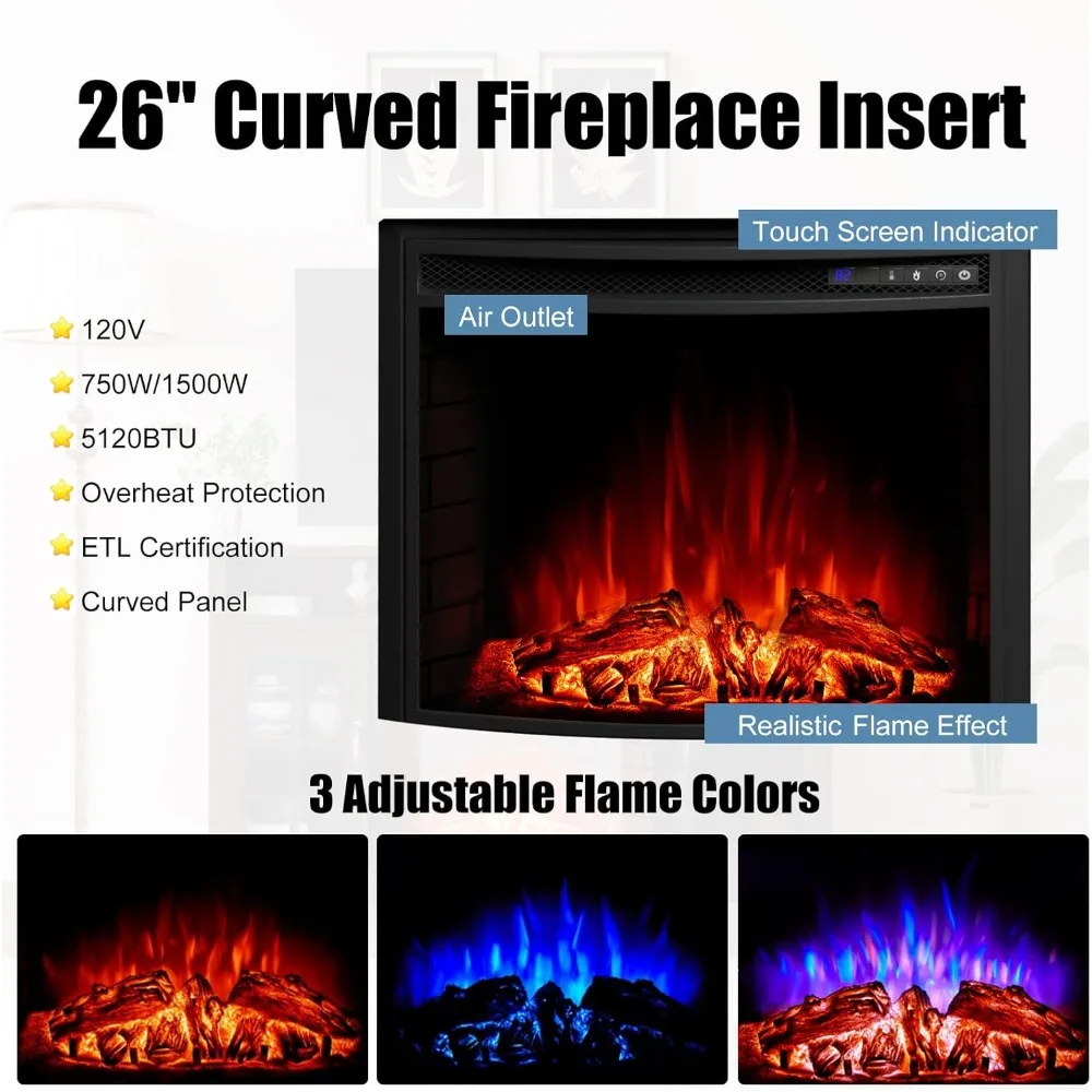 

Curved Fireplace TV Stand with 26'' Electric Fireplace, Media Entertainment Center Farmhouse Glass Door Storage Cabinet