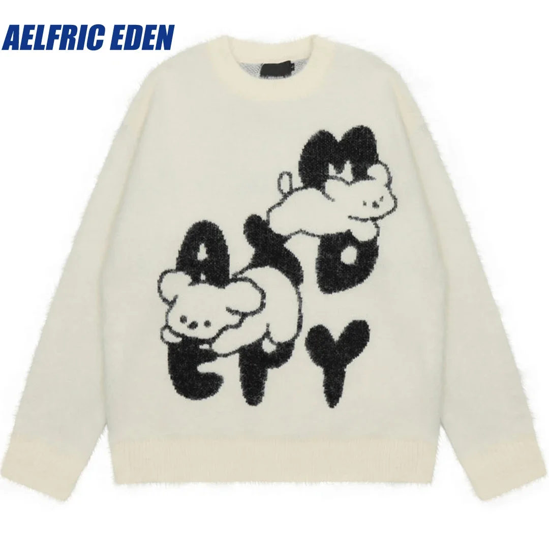 

Aelfric Eden Knitted Funny Cartoon Jumper Harajuku Dog Sweater Streetwear Men Y2K Harajuku Loose Fluffy Fuzzy Pullover Sweaters