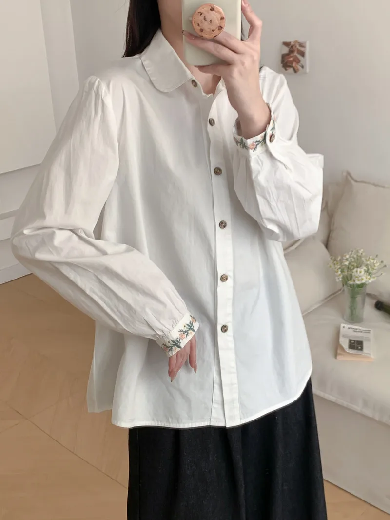 New 2025 Autumn Cotton Long Sleeve Shirt, Women Turn-down Collar Embroidery, Mori Girl Cute Age Reduction Loose Blouse T57422CC