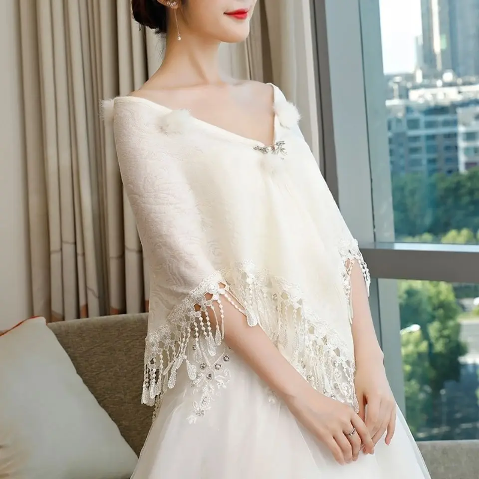 Customized Bridal Wool Shawl Cashmere Warm Evening Dress Lace Tassel Wedding Wrap Coat Bridesmaid Autumn And Winter Cloak Weddin