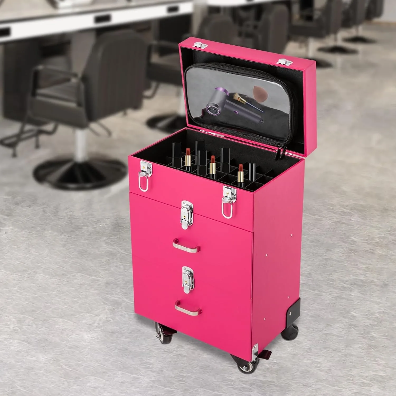 Rolling Makeup Train Case, Lockable Portable Cosmetic Organizer Trolley with 2 Drawers 4 Retractable Trays, Rose Pink