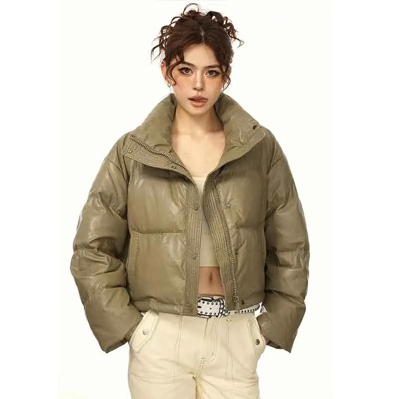 Fashion Faux Pu Puffy Crop Parkas Women Y2K American Streetwear Biker Stand Collar Jackets Female Long Sleeve Warm Down Coats