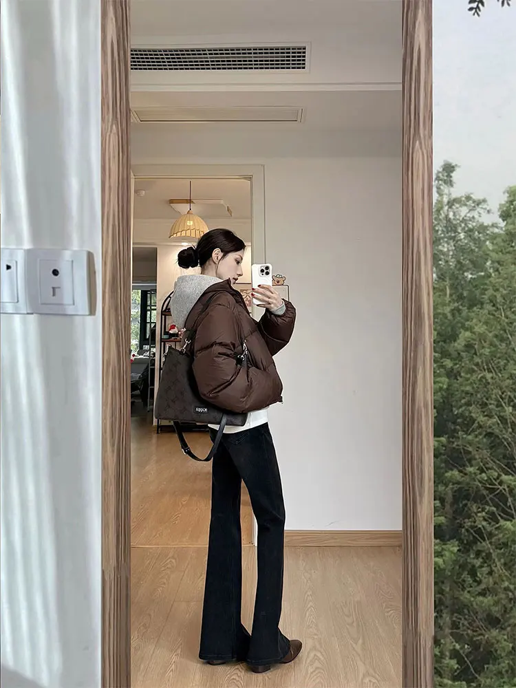 

Утепленная короткая куртка с воротником-стойкой в стиле Кендалл Дженнер, женская зимняя модная ретро-куртка коричневого цвета, теплая.