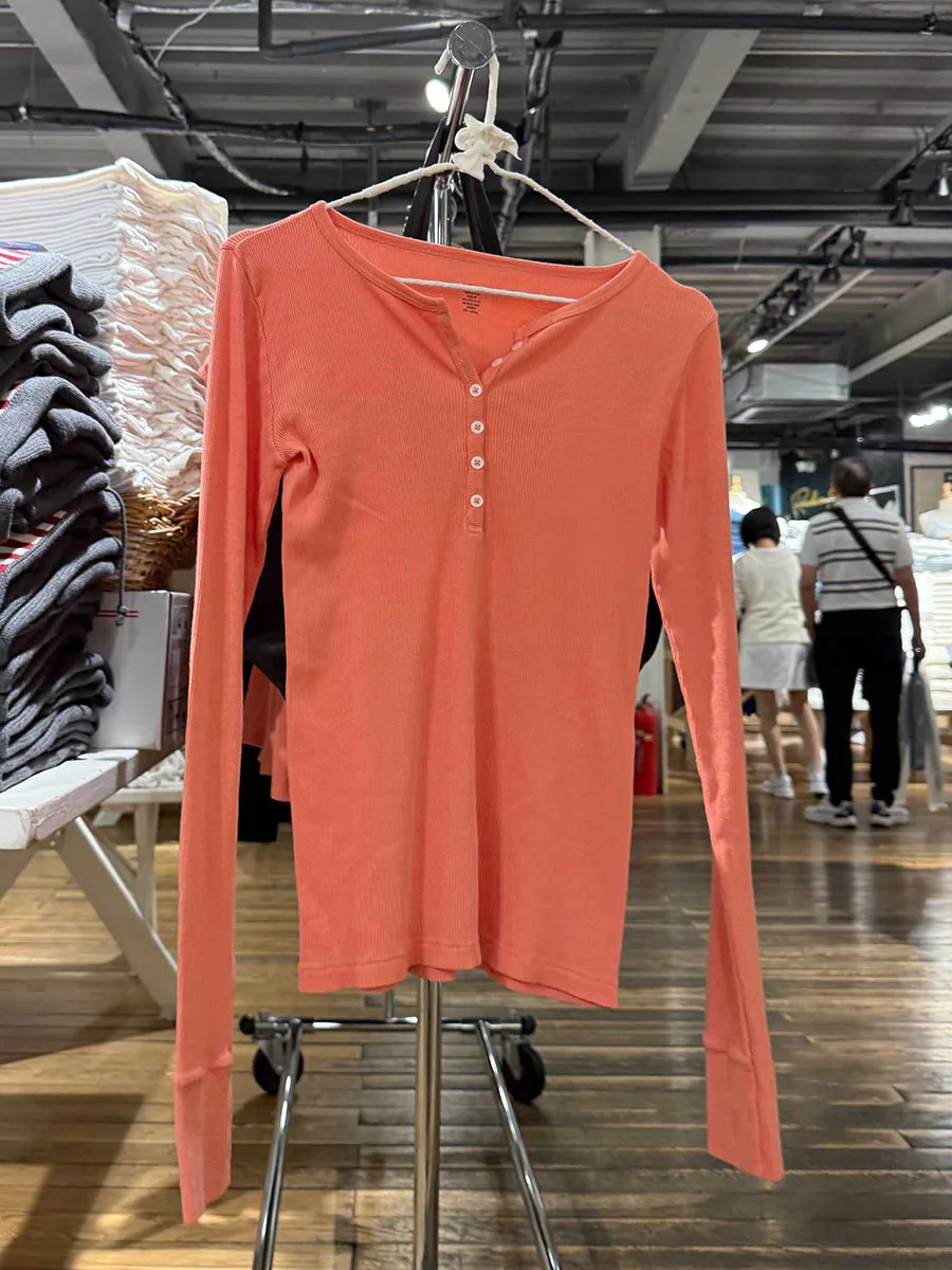 

Women's Orange Ribbed Long Sleeve Tees Autumn New Six Buttons Cotton Slim Basic T-shirt Sweet Casual Simple Basic Y2k Tops New