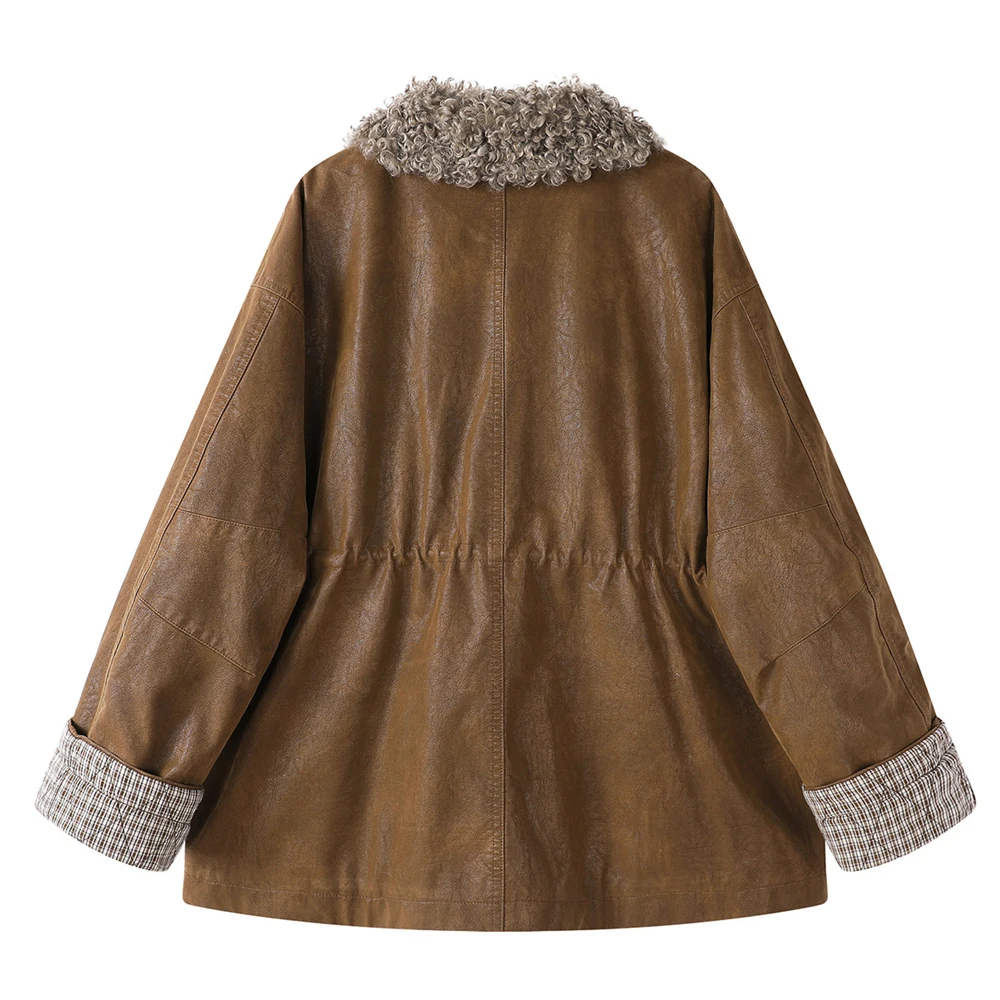 Jaqueta feminina vintage de couro PU forrada de pele sintética casaco de inverno grande quente solto ajuste agasalhos