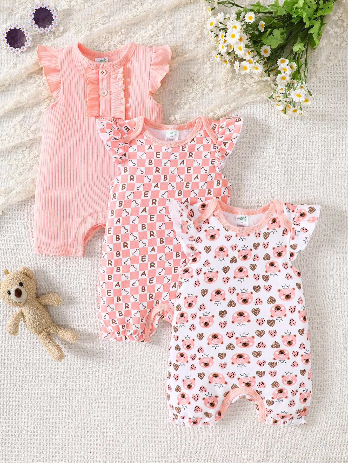Baby Mädchen 3-teiliges Strampler-Set Sommer Rüschenärmel Ärmelloser Body Neugeborenen Säugling Blumenmuster Jumpsuit Babykleidung – Detail 1
