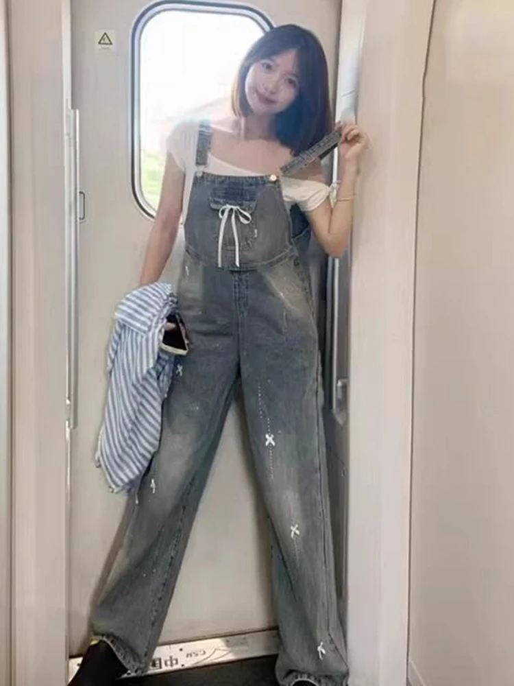 Women's Autumn Waed Wide Leg Jumpsuit American Style Retro High Waist Bow Knot Rhinestone Fashion Denim Jumpsuit